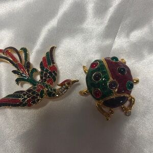 Colorful Enamel Bird and Ladybug Brooch Set
